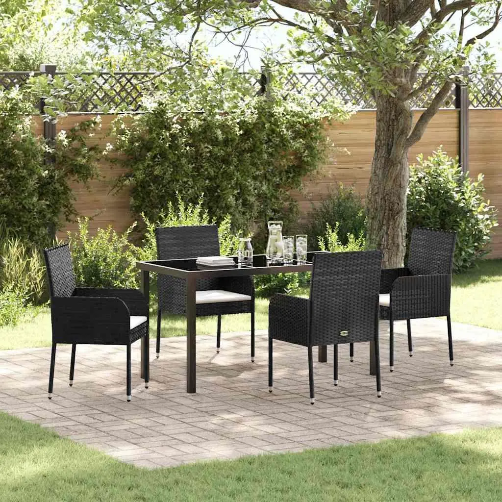 5 Piece Dining Set Outdoor Furniture Black Poly Rattan with Cushions Tempered Glass Table