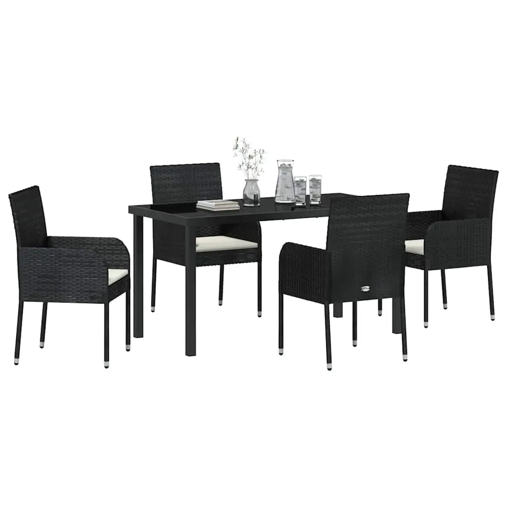 5 Piece Dining Set Outdoor Furniture Black Poly Rattan with Cushions Tempered Glass Table