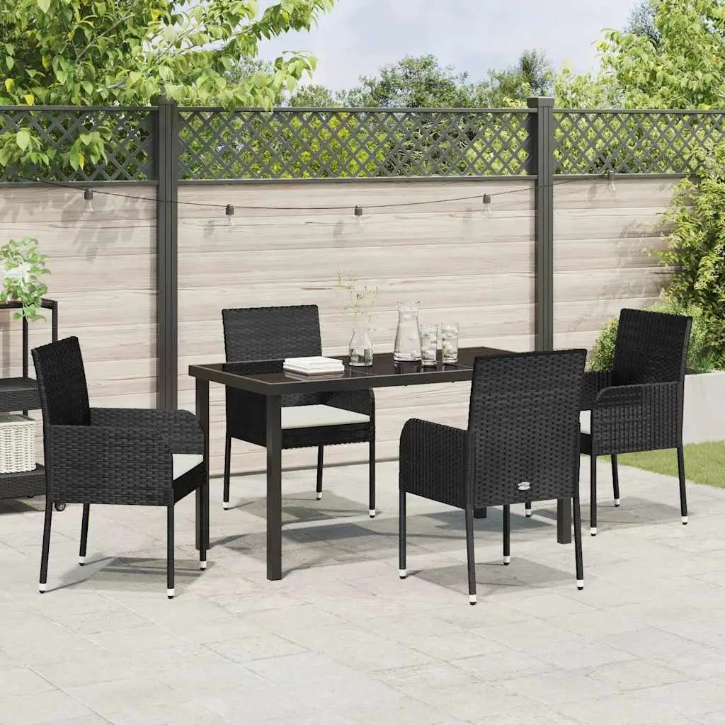 5 Piece Dining Set Outdoor Furniture Black Poly Rattan with Cushions Tempered Glass Table