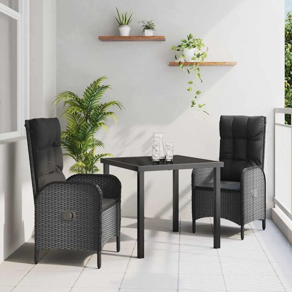 Outdoor Dining Set Poly Rattan 3 Piece Black Cushioned Patio Furniture