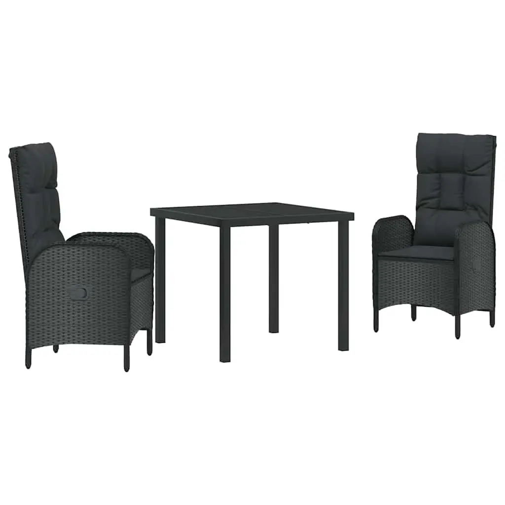 Outdoor Dining Set Poly Rattan 3 Piece Black Cushioned Patio Furniture