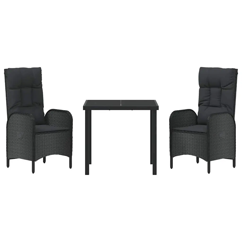 Outdoor Dining Set Poly Rattan 3 Piece Black Cushioned Patio Furniture
