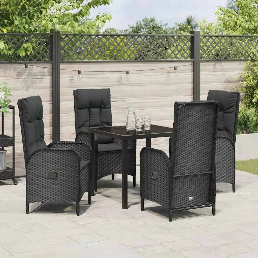 Garden Dining Set 5 Piece Powder-Coated Steel Poly Rattan Cushions Black