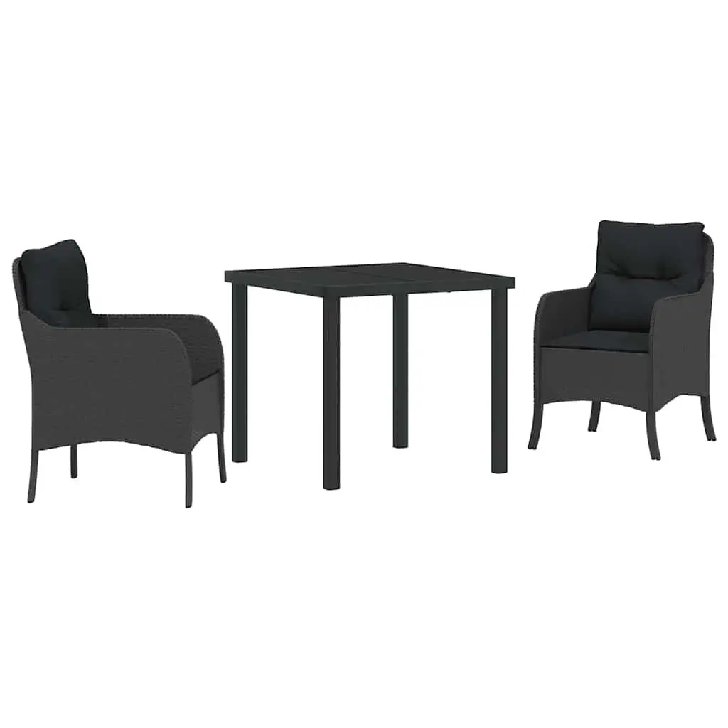 3 Piece Black Poly Rattan Garden Furniture Set with Removable Cushions and Tempered Glass Dining Table for Outdoor Use