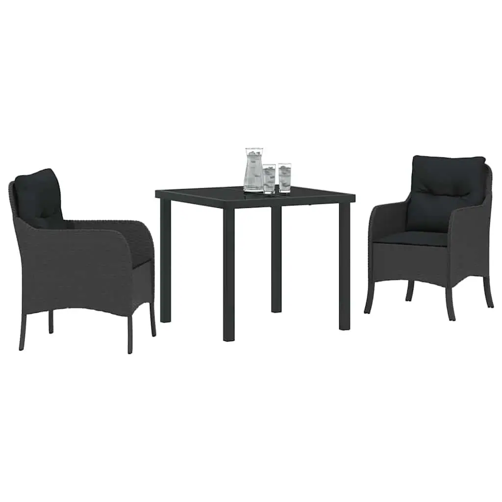 3 Piece Black Poly Rattan Garden Furniture Set with Removable Cushions and Tempered Glass Dining Table for Outdoor Use