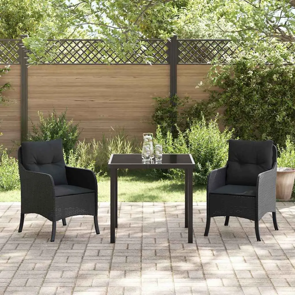 3 Piece Black Poly Rattan Garden Furniture Set with Removable Cushions and Tempered Glass Dining Table for Outdoor Use