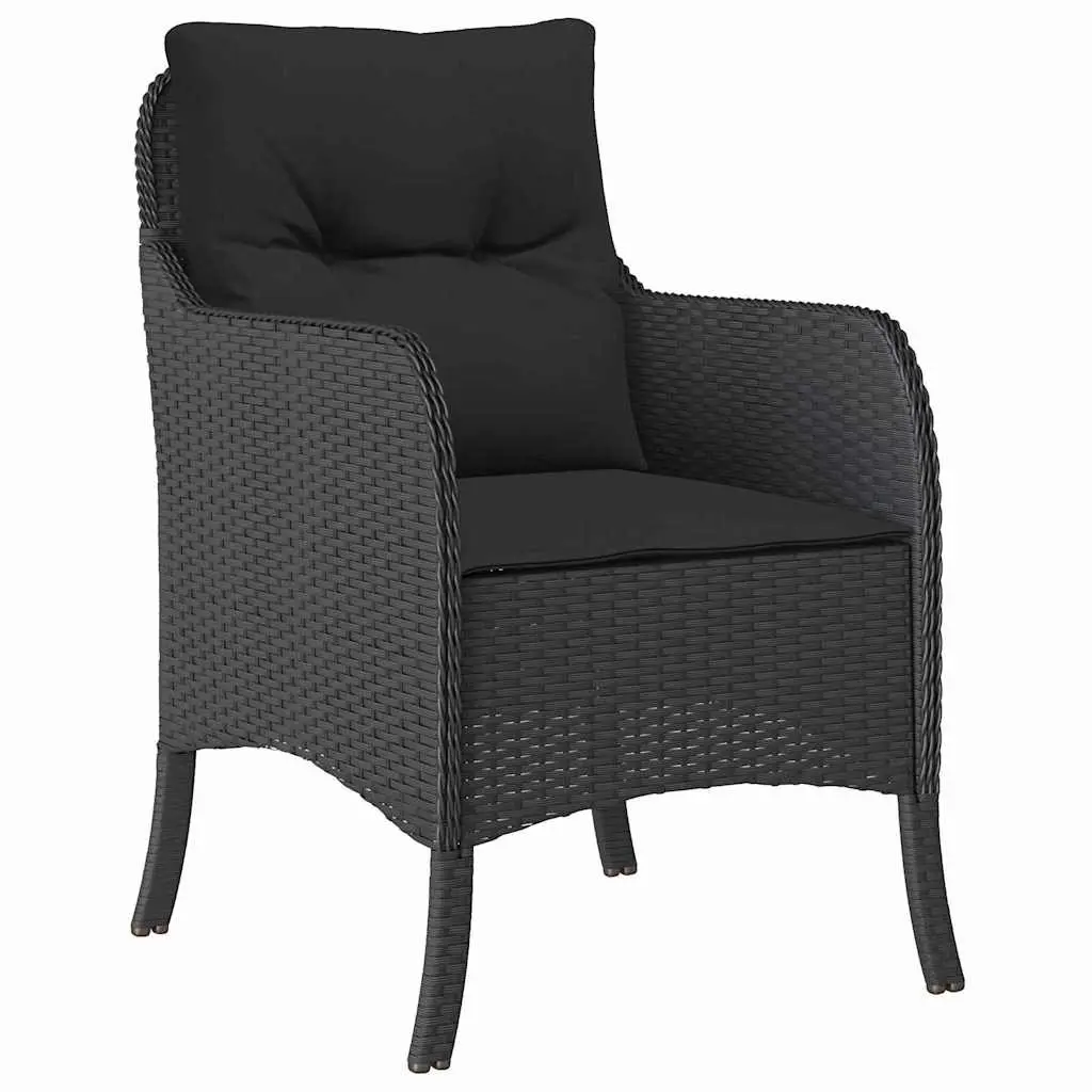 3 Piece Black Poly Rattan Garden Furniture Set with Removable Cushions and Tempered Glass Dining Table for Outdoor Use