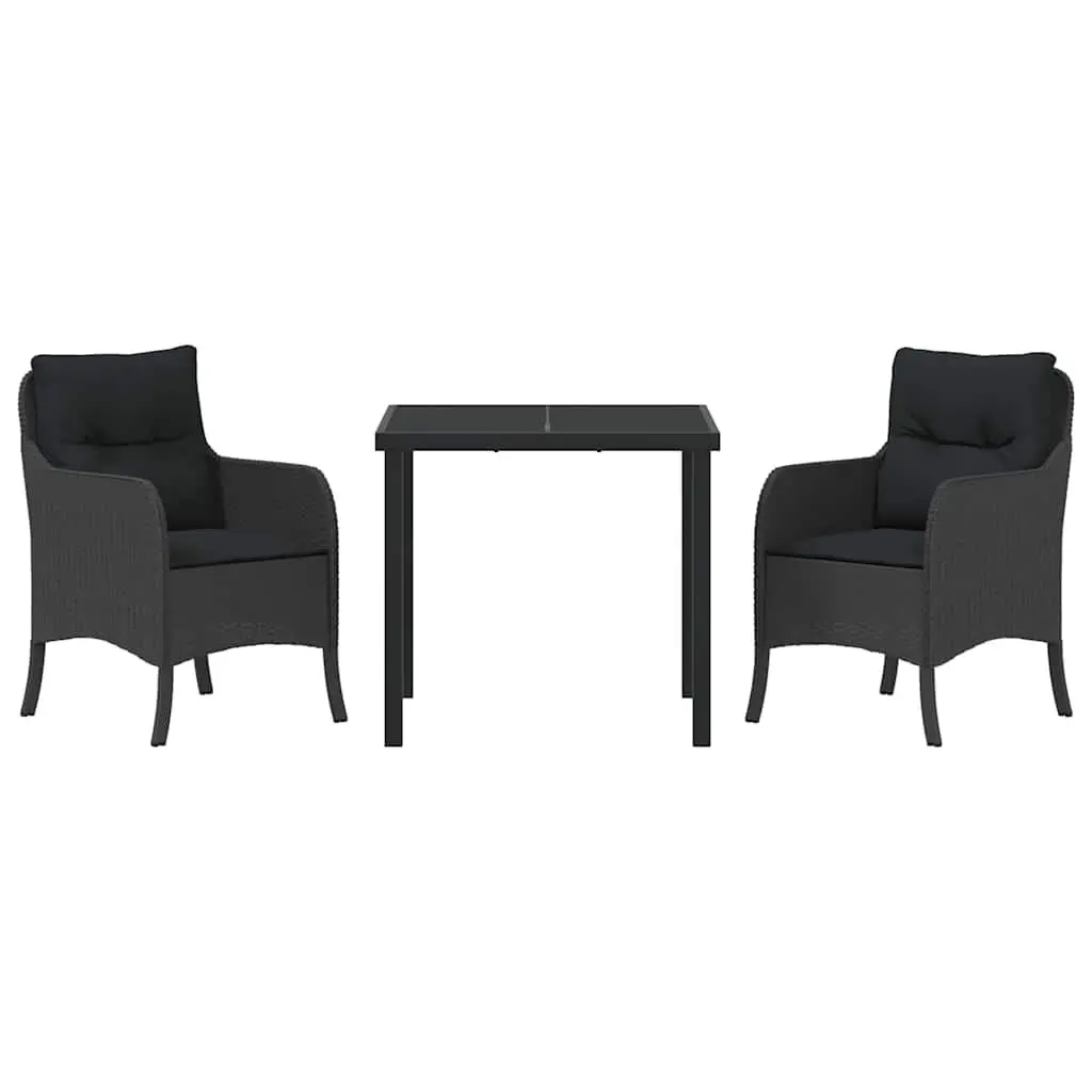 3 Piece Black Poly Rattan Garden Furniture Set with Removable Cushions and Tempered Glass Dining Table for Outdoor Use