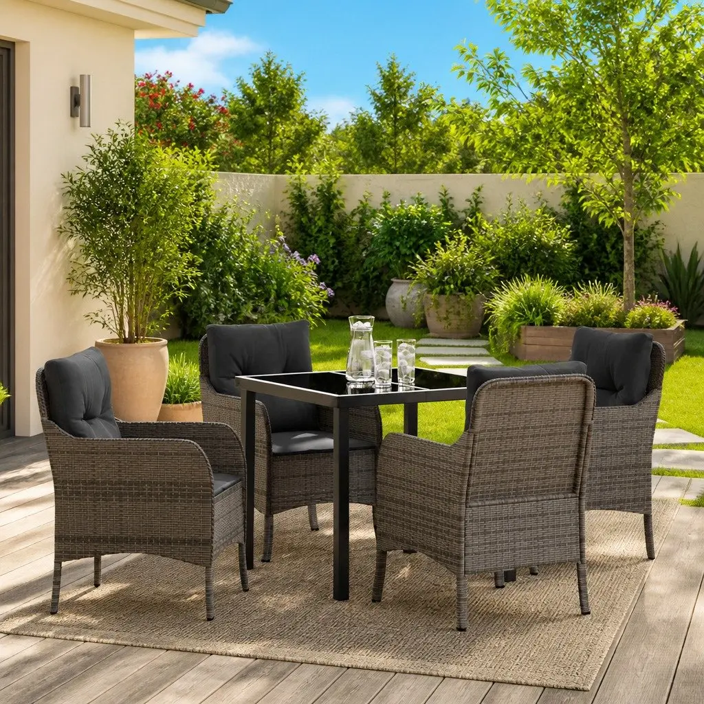 5-Piece Garden Dining Set Poly Rattan Outdoor Furniture Grey with Cushions