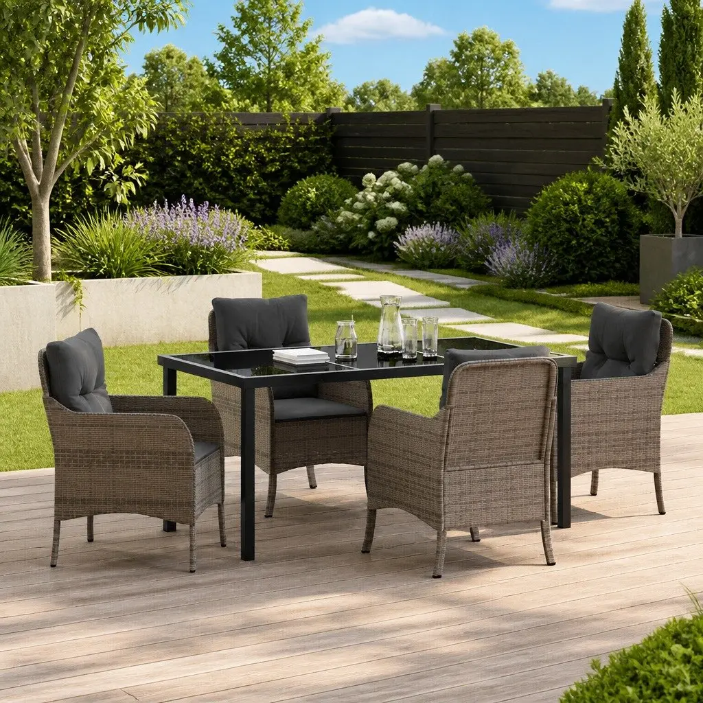 Garden Dining Set 5 Pieces Grey Poly Rattan Outdoor Furniture with Cushions