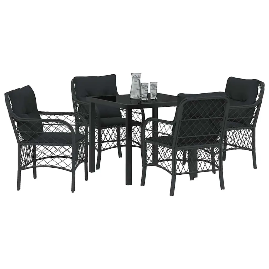 Garden Dining Set 5 Pieces Black Poly Rattan Outdoor Furniture with Cushions