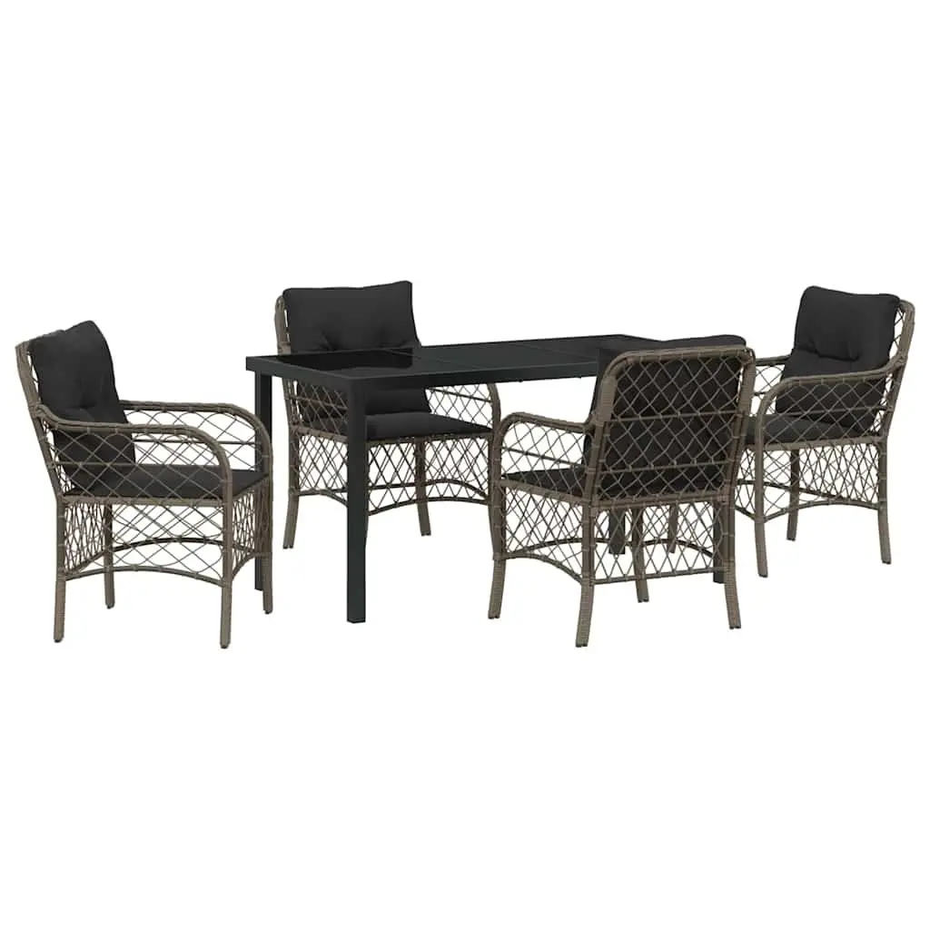5-Piece Garden Dining Set Powder-Coated Steel Poly Rattan Grey Outdoor Furniture with Cushions