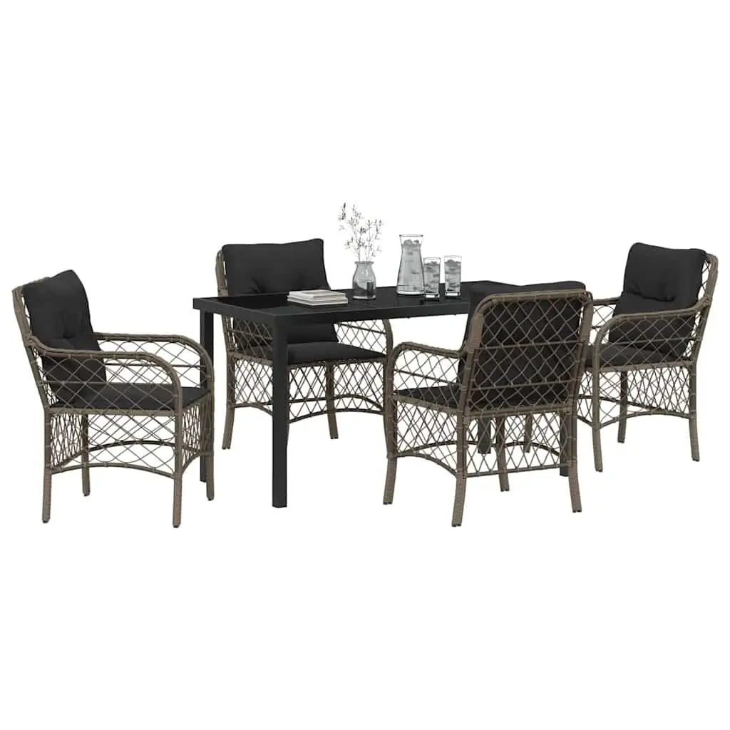 5-Piece Garden Dining Set Powder-Coated Steel Poly Rattan Grey Outdoor Furniture with Cushions