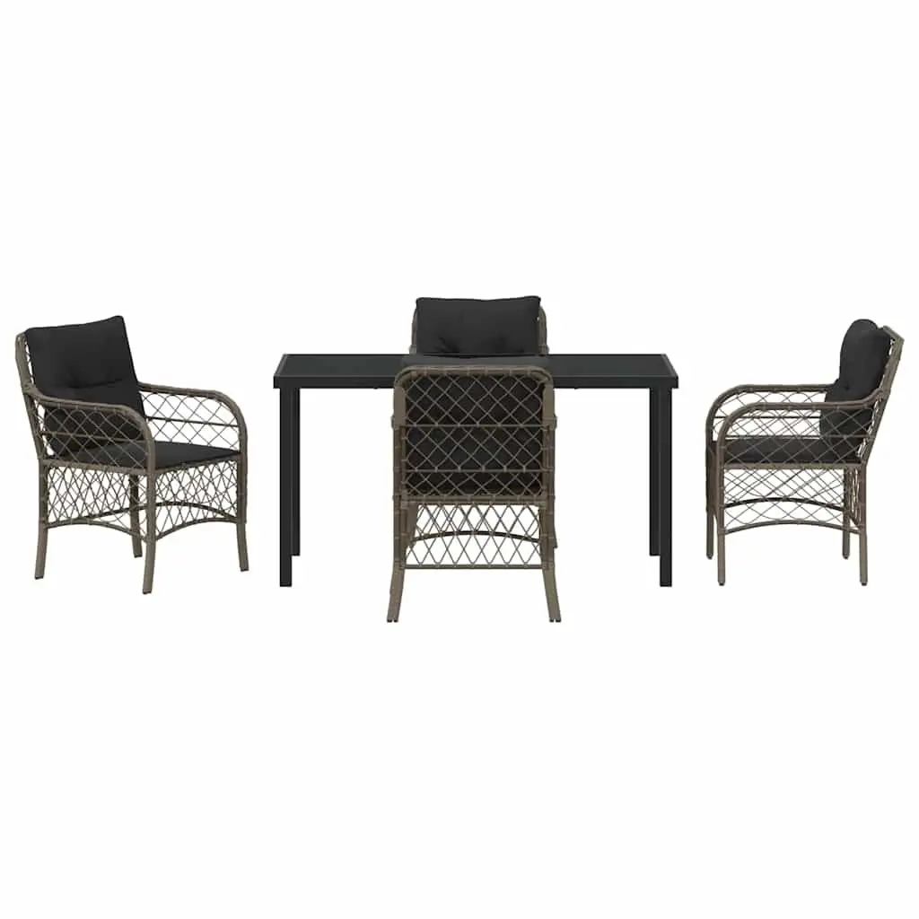 5-Piece Garden Dining Set Powder-Coated Steel Poly Rattan Grey Outdoor Furniture with Cushions