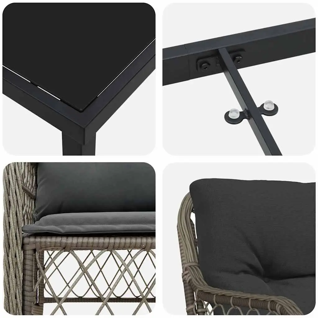 5-Piece Garden Dining Set Powder-Coated Steel Poly Rattan Grey Outdoor Furniture with Cushions