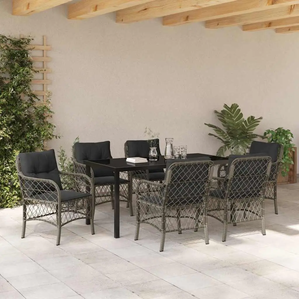 Garden Dining Set 7 Pieces Powder-Coated Steel Poly Rattan Grey Outdoor Furniture