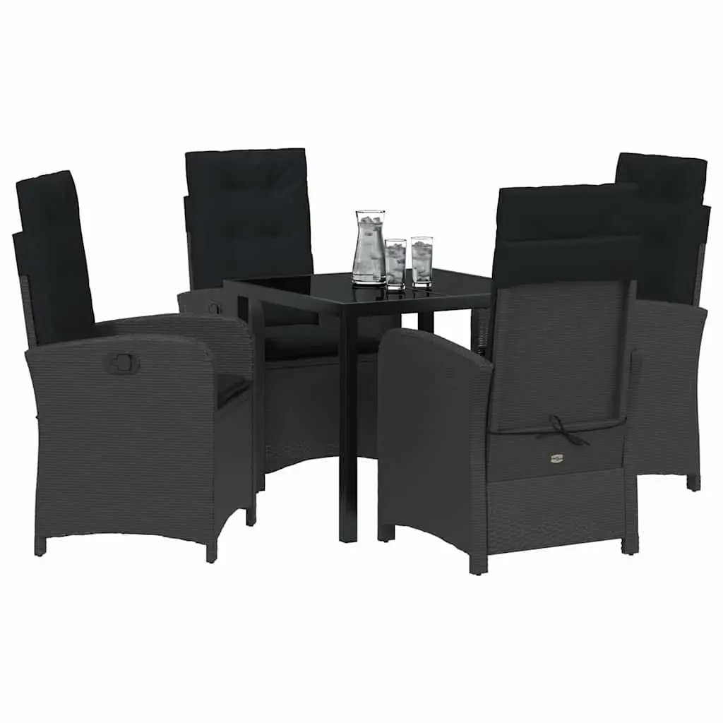 Outdoor Dining Set Poly Rattan 5 Pieces Black with Cushions Glass Table