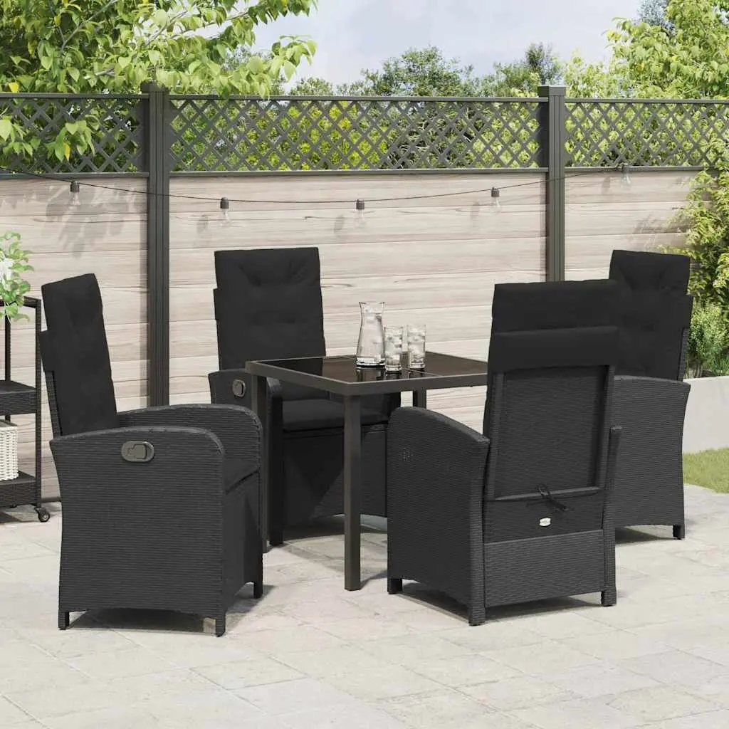 Outdoor Dining Set Poly Rattan 5 Pieces Black with Cushions Glass Table