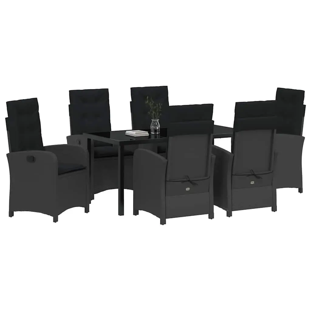 Outdoor Garden Dining Set 7 Pieces Black Poly Rattan with Cushions Glass Table