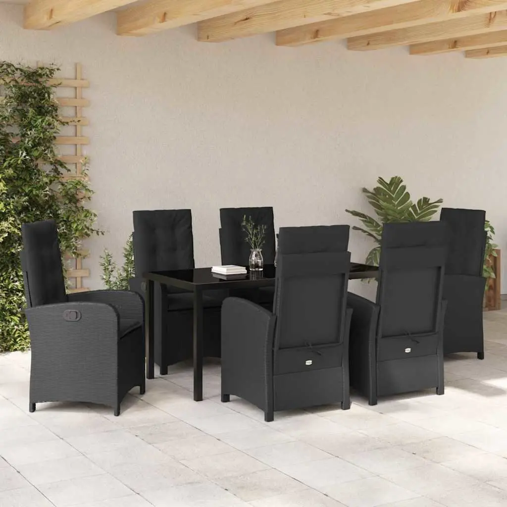 Outdoor Garden Dining Set 7 Pieces Black Poly Rattan with Cushions Glass Table