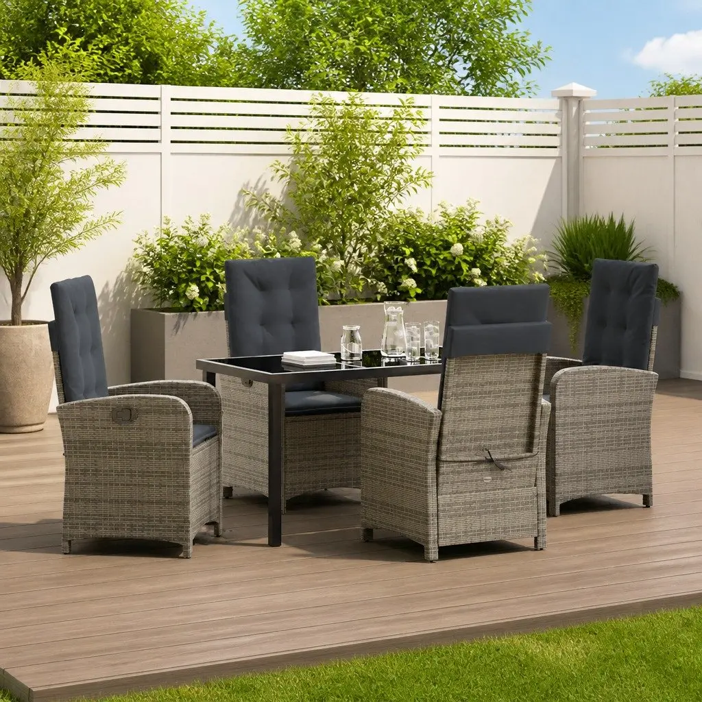 Outdoor Dining Set Rattan Chairs Glass Table 5 Piece Grey Cushion