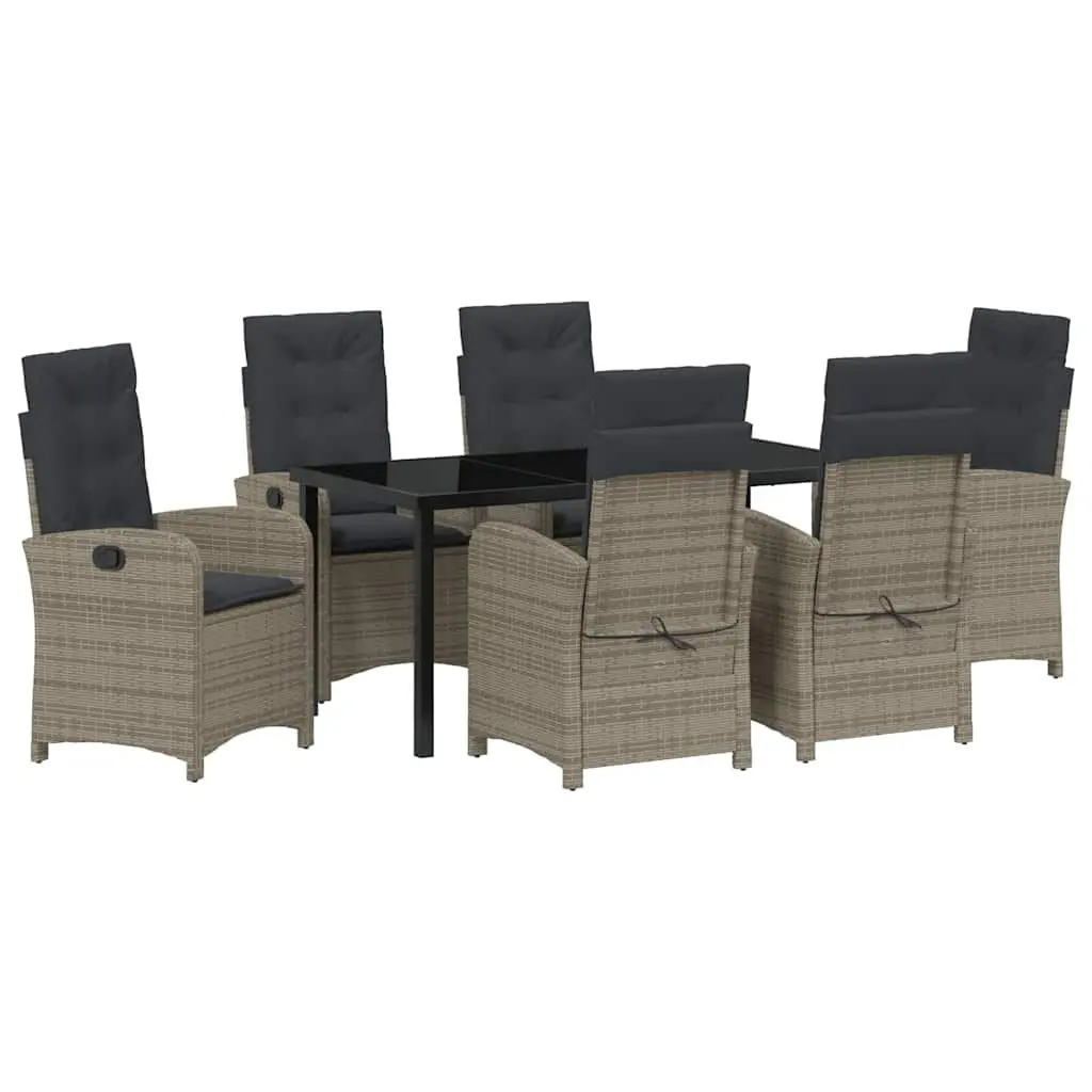 7 Piece Grey Poly Rattan Dining Set with Cushions Outdoor Chairs and Table Tempered Glass Top