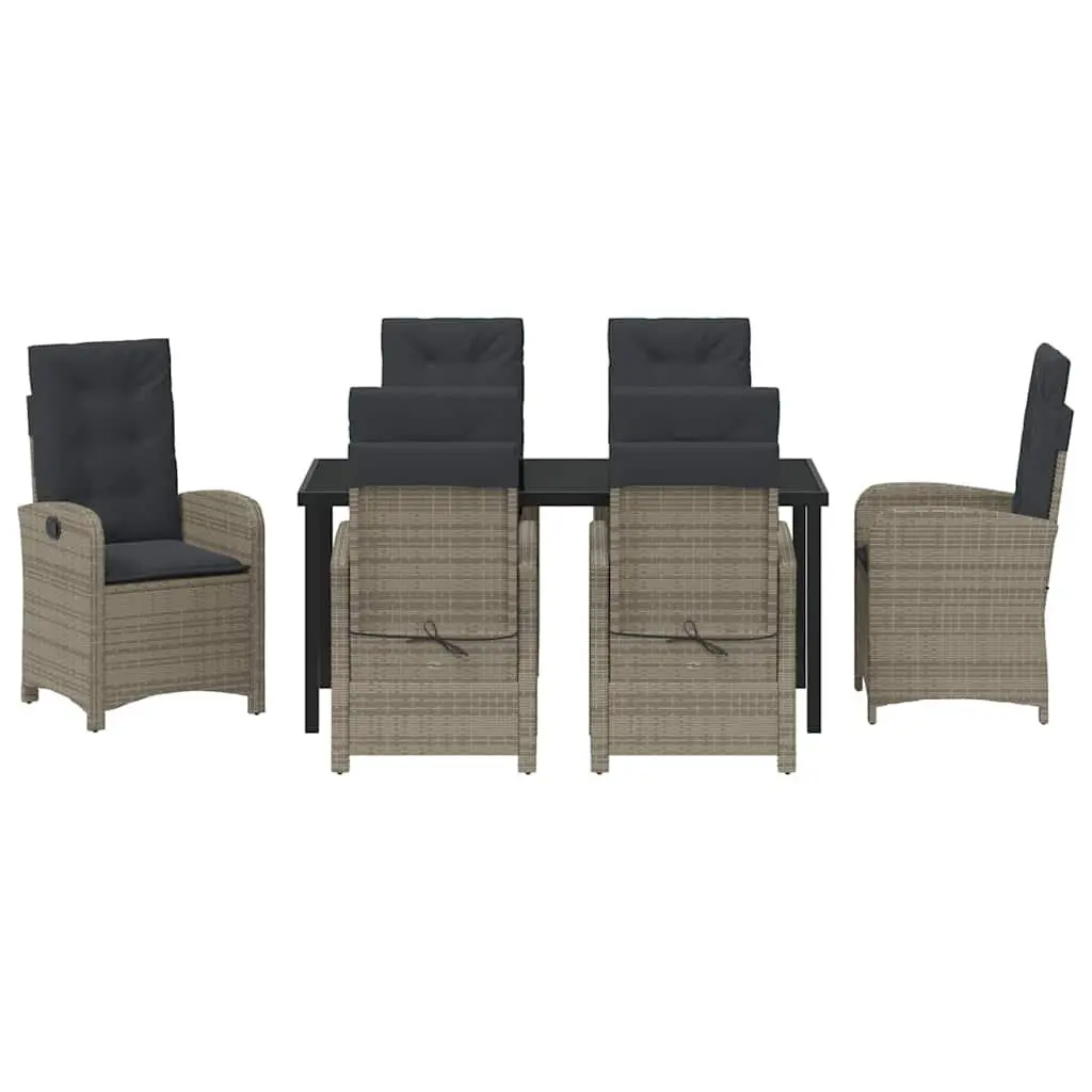 7 Piece Grey Poly Rattan Dining Set with Cushions Outdoor Chairs and Table Tempered Glass Top