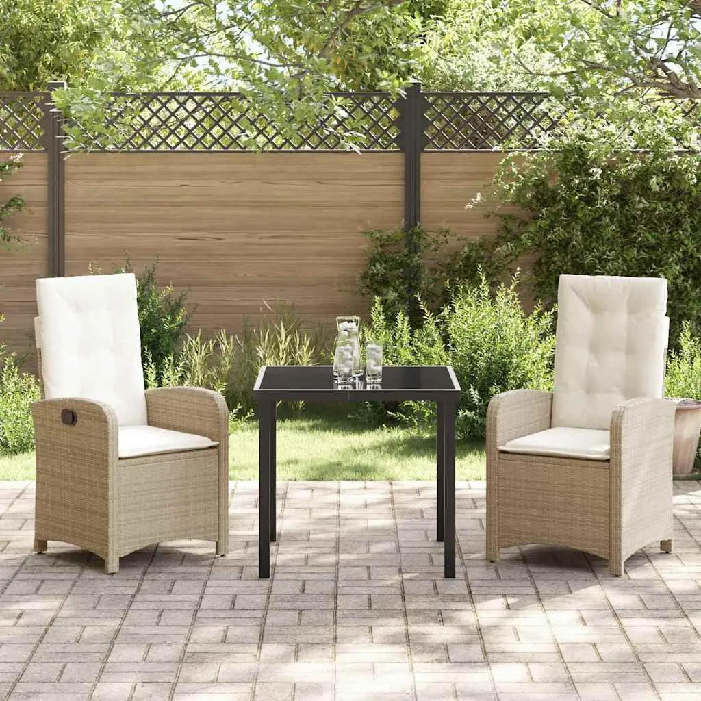 Outdoor Garden Dining Set 3 Piece Beige Poly Rattan with Cushions Glass Table