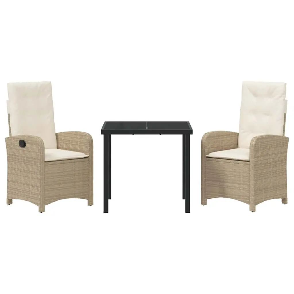 Outdoor Garden Dining Set 3 Piece Beige Poly Rattan with Cushions Glass Table