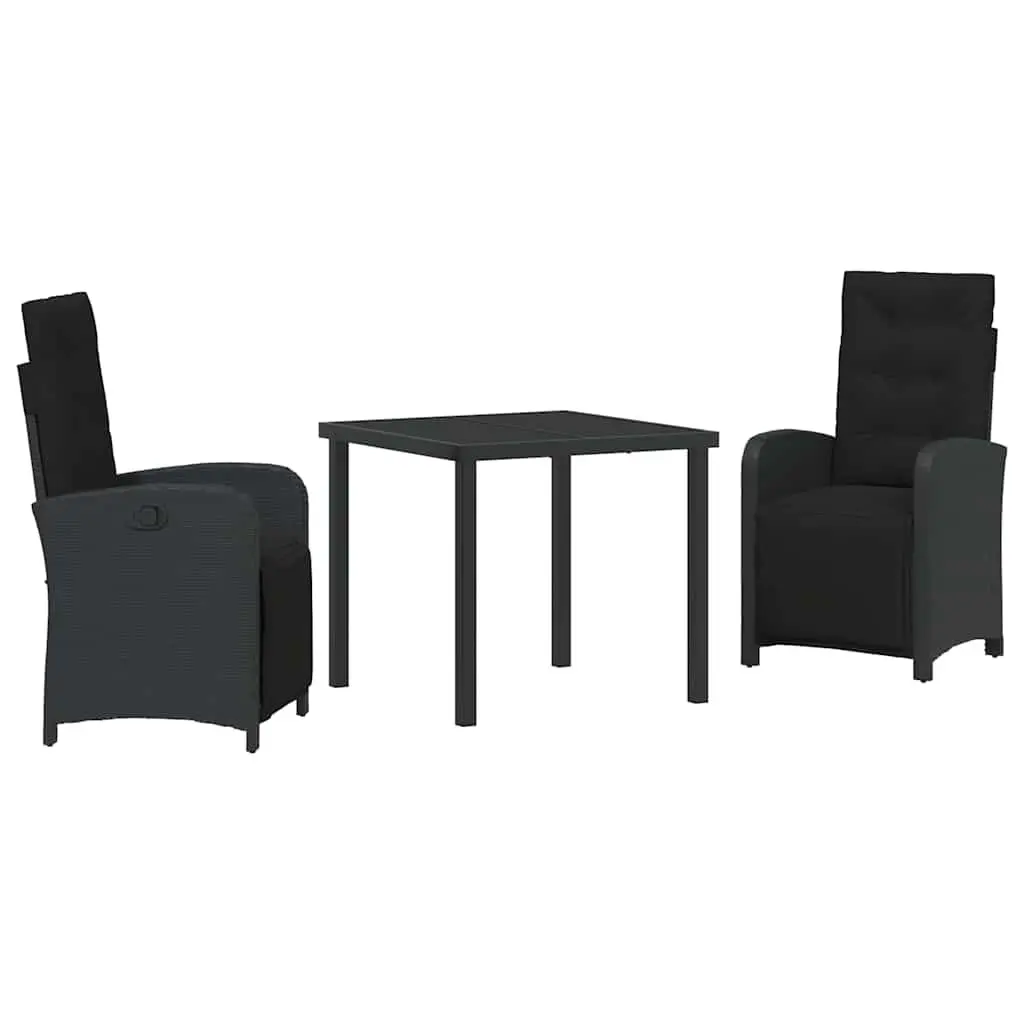 Outdoor Garden Dining Set Poly Rattan 3 Piece Black with Tempered Glass Top