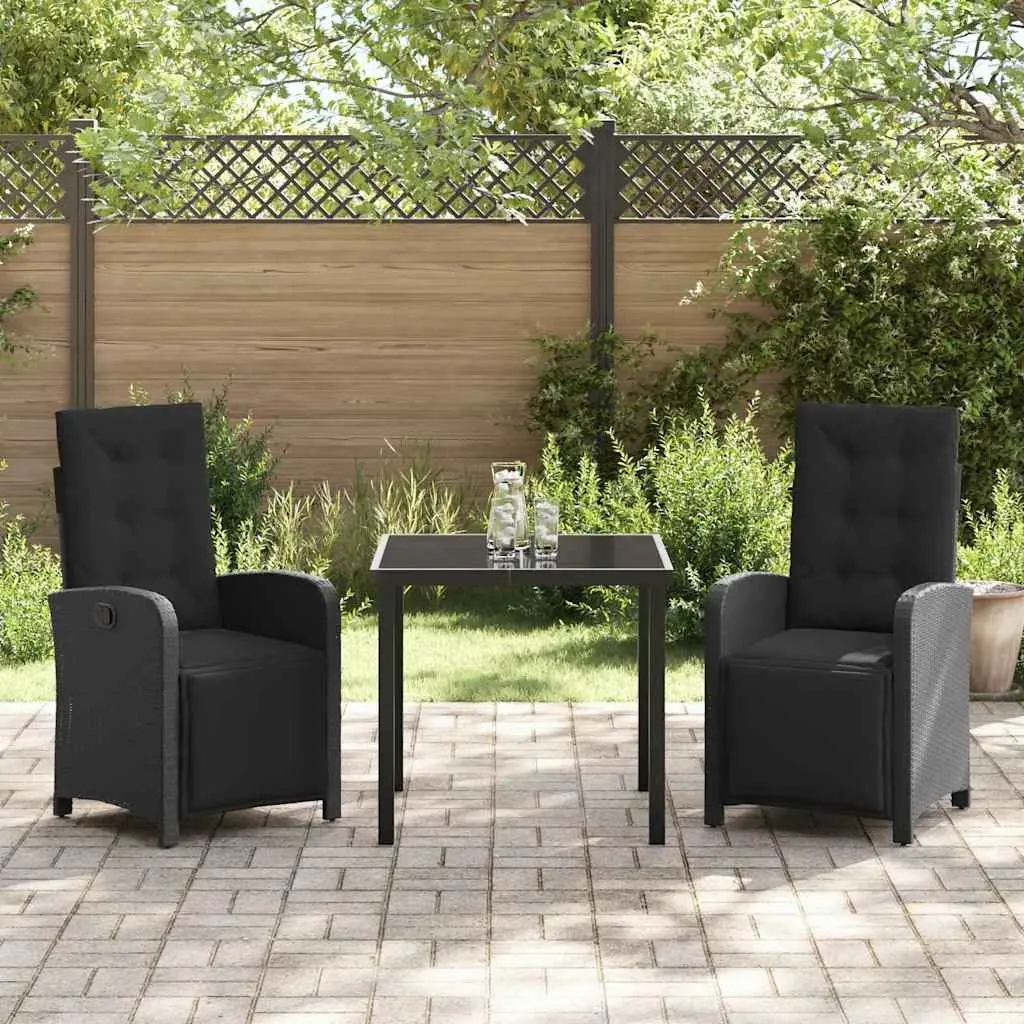 Outdoor Garden Dining Set Poly Rattan 3 Piece Black with Tempered Glass Top