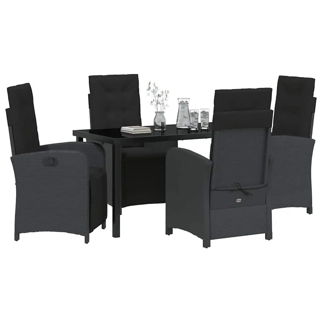 Garden Dining Set Poly Rattan 5 Piece Outdoor Furniture Black Glass Top with Cushions