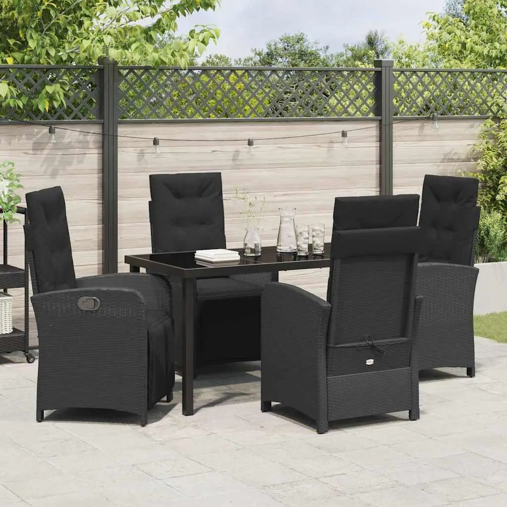 Garden Dining Set Poly Rattan 5 Piece Outdoor Furniture Black Glass Top with Cushions