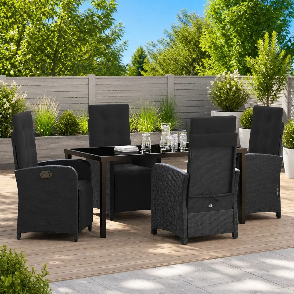 Outdoor Dining Set Poly Rattan Glass Top 5 Piece Black Garden Furniture