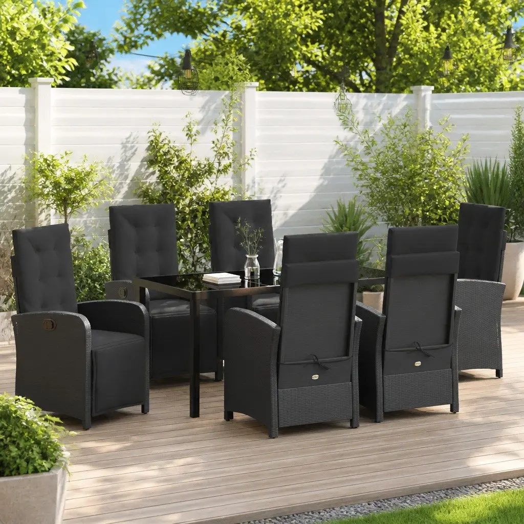 7 Piece Outdoor Patio Dining Set Black Poly Rattan and Tempered Glass Table