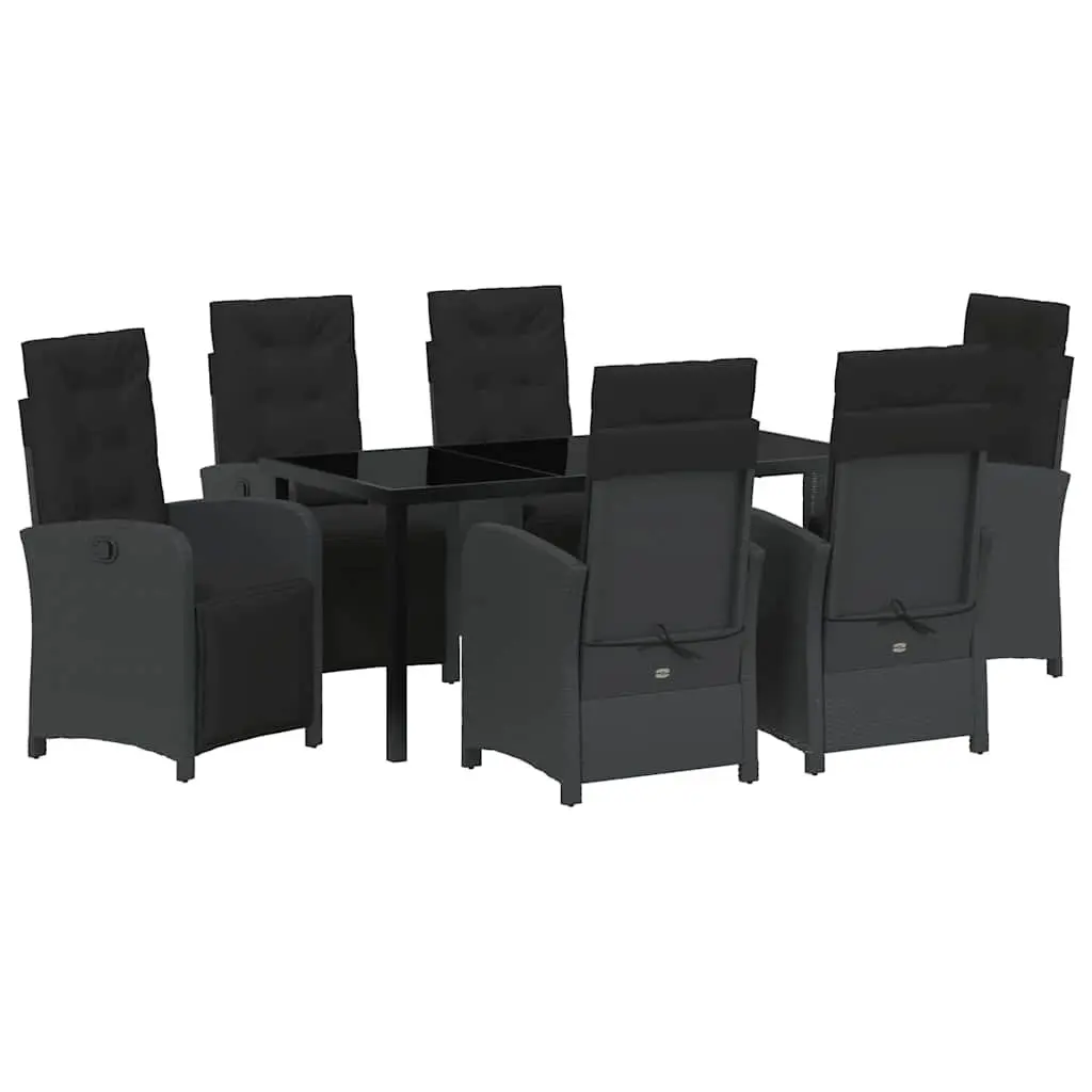 7 Piece Outdoor Patio Dining Set Black Poly Rattan and Tempered Glass Table