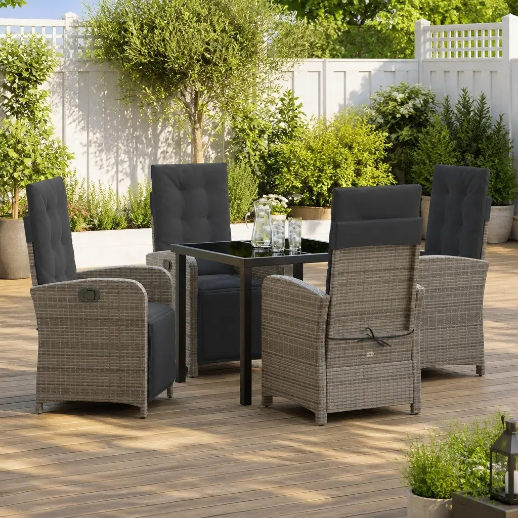 Garden Dining Set Poly Rattan 5 Piece Grey Outdoor Furniture Glass Top Cushions