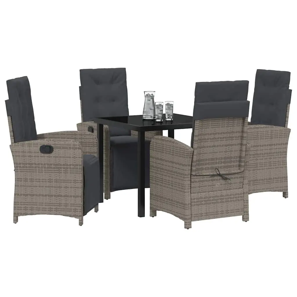 Garden Dining Set Poly Rattan 5 Piece Grey Outdoor Furniture Glass Top Cushions