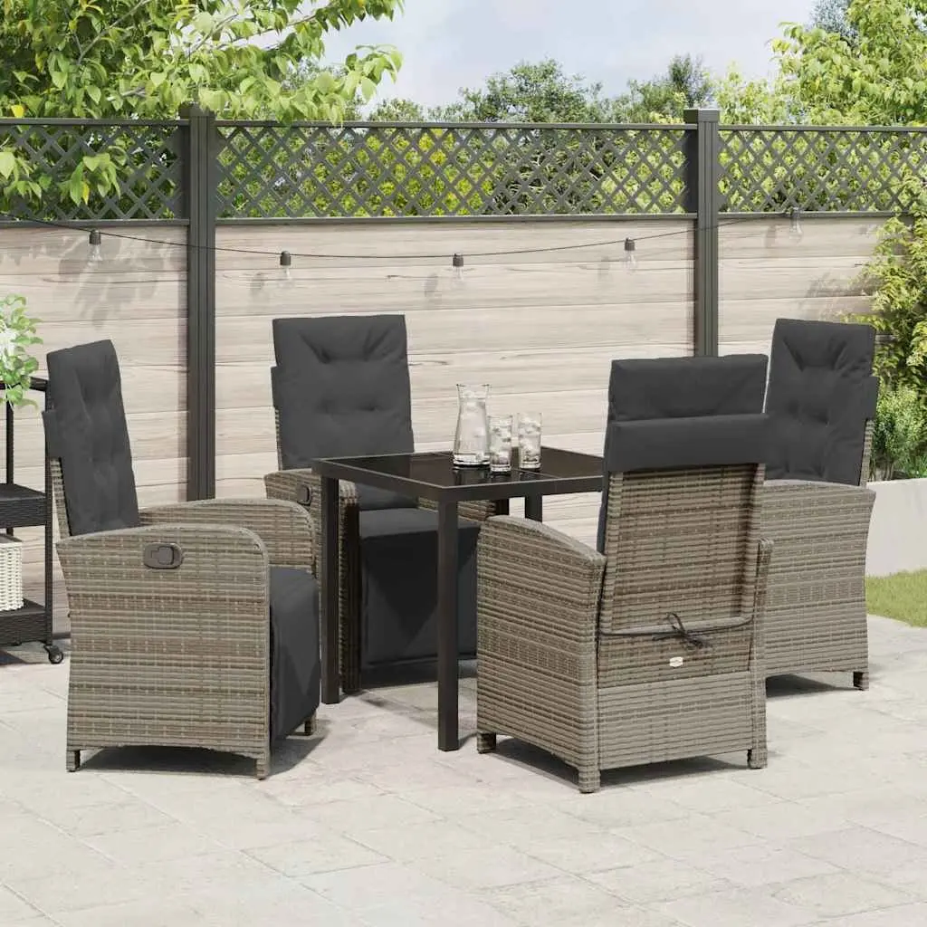 Garden Dining Set Poly Rattan 5 Piece Grey Outdoor Furniture Glass Top Cushions