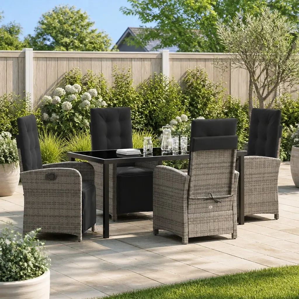 Outdoor Dining Set Grey Poly Rattan 5 Piece Furniture Cushioned Seating Multi-Position Backrests Tempered Glass Top