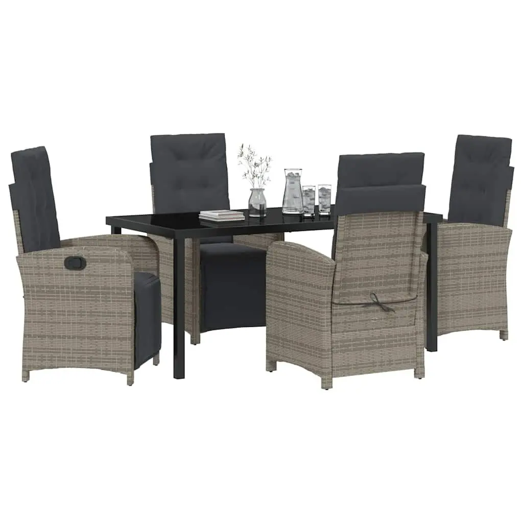 Outdoor Dining Set Grey Poly Rattan 5 Piece Furniture Cushioned Seating Multi-Position Backrests Tempered Glass Top