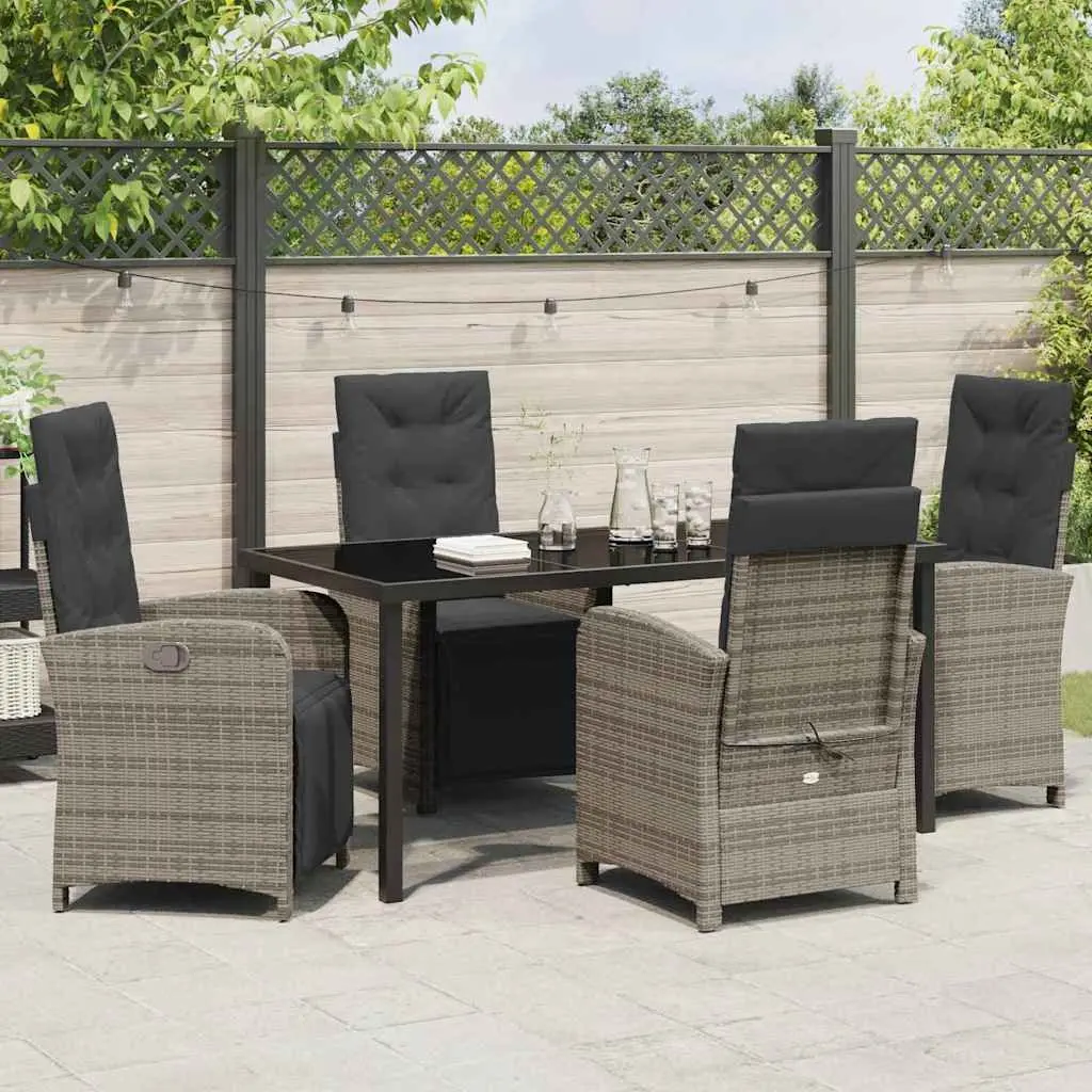 Outdoor Dining Set Grey Poly Rattan 5 Piece Furniture Cushioned Seating Multi-Position Backrests Tempered Glass Top