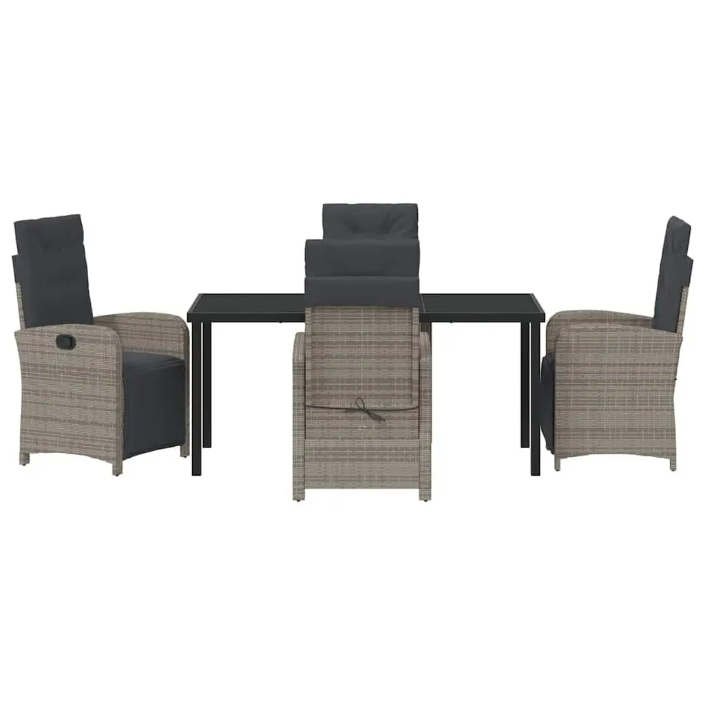 Outdoor Dining Set Grey Poly Rattan 5 Piece Furniture Cushioned Seating Multi-Position Backrests Tempered Glass Top