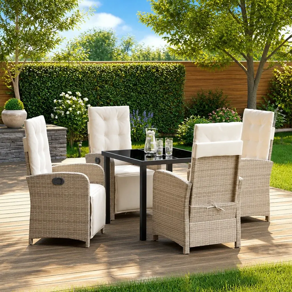 Garden Dining Set Poly Rattan Frame 5 Piece Outdoor Furniture Table Chairs Beige