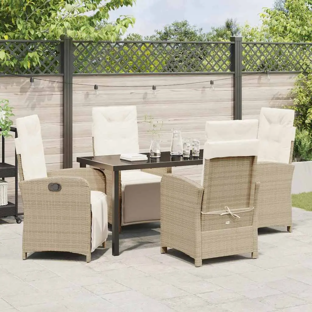 5 Piece Beige Garden Dining Set Poly Rattan Frame Tempered Glass Top Outdoor Furniture
