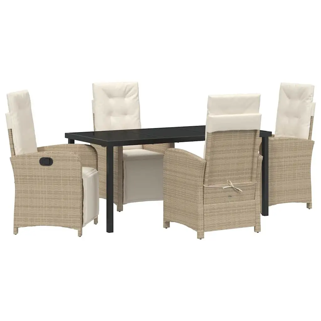 Outdoor Dining Set Poly Rattan Glass Top 5 Piece Beige Cushions