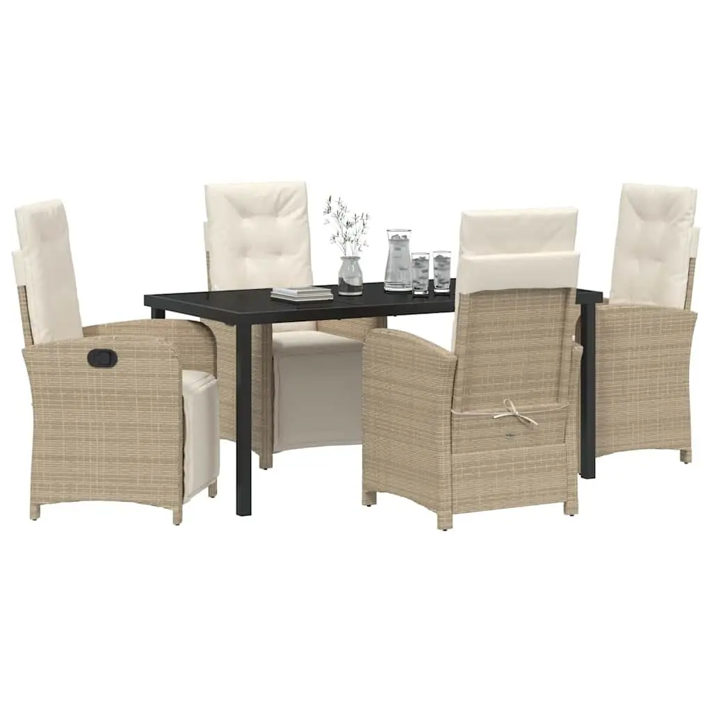 Outdoor Dining Set Poly Rattan Glass Top 5 Piece Beige Cushions