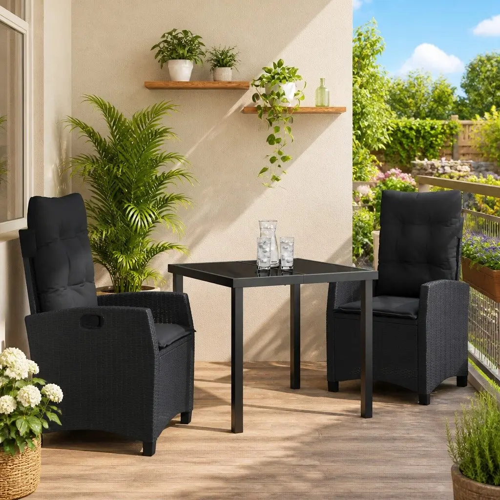 Outdoor Garden Dining Set 3 Piece Black Poly Rattan Patio Furniture with