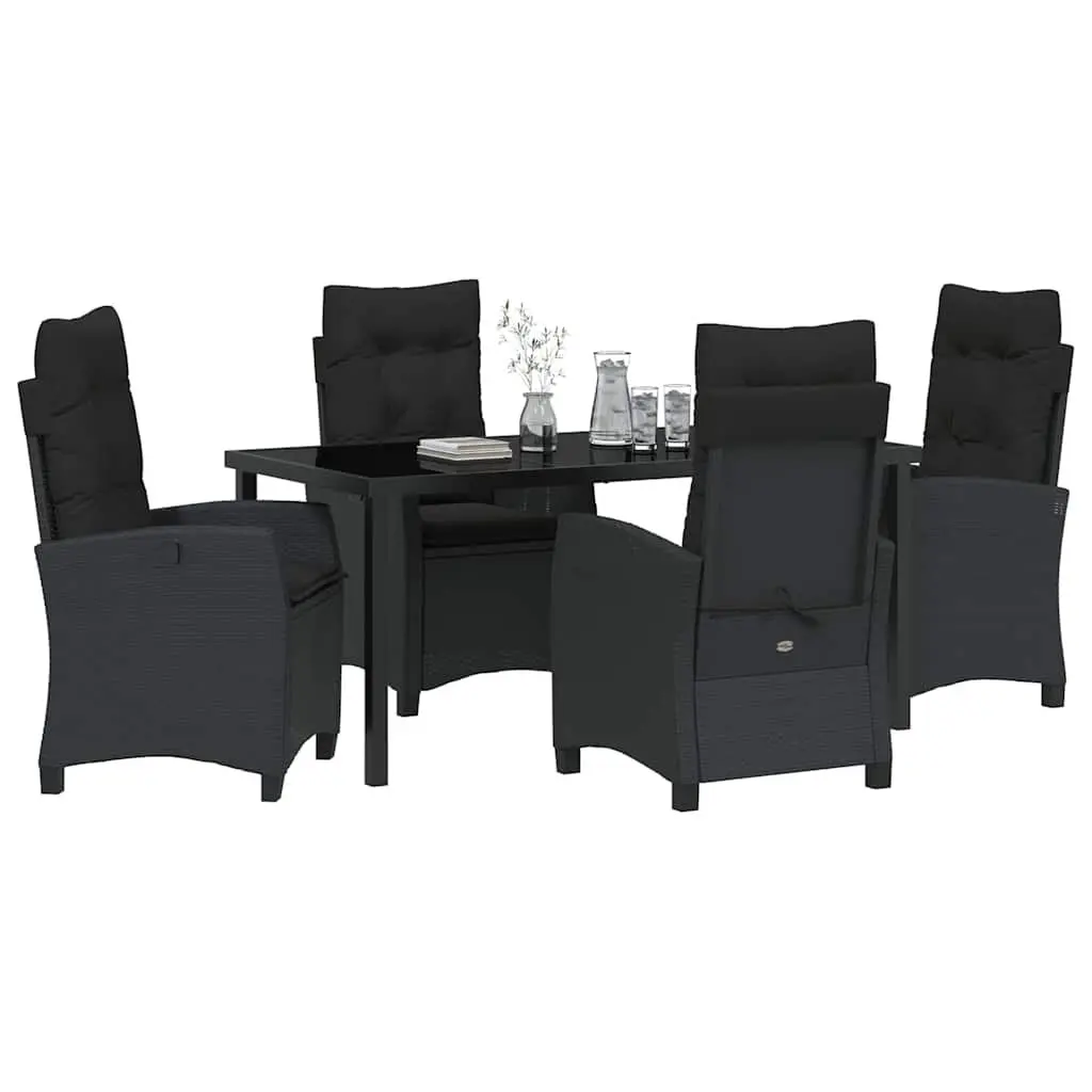Outdoor Dining Set Poly Rattan 5 Piece Black with Tempered Glass Top and Cushions