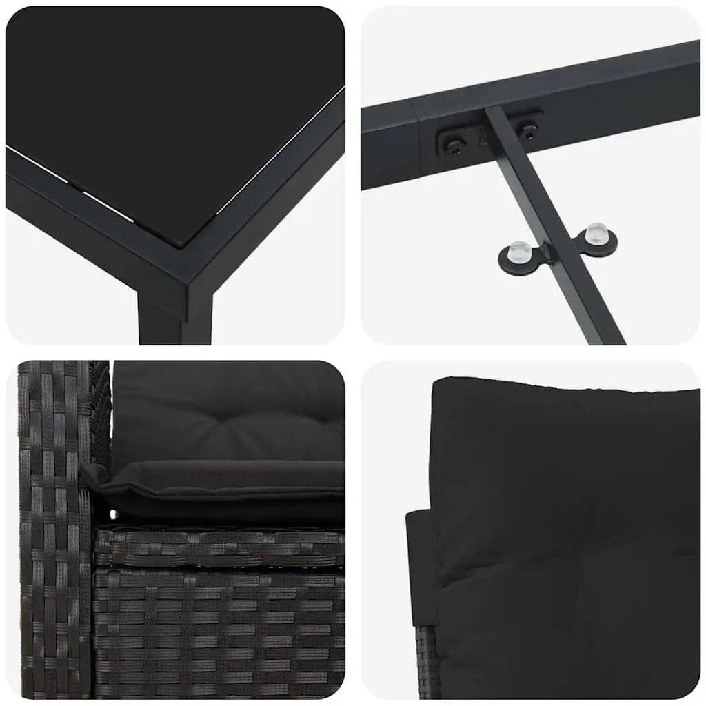 Outdoor Dining Set Poly Rattan 5 Piece Black with Tempered Glass Top and Cushions